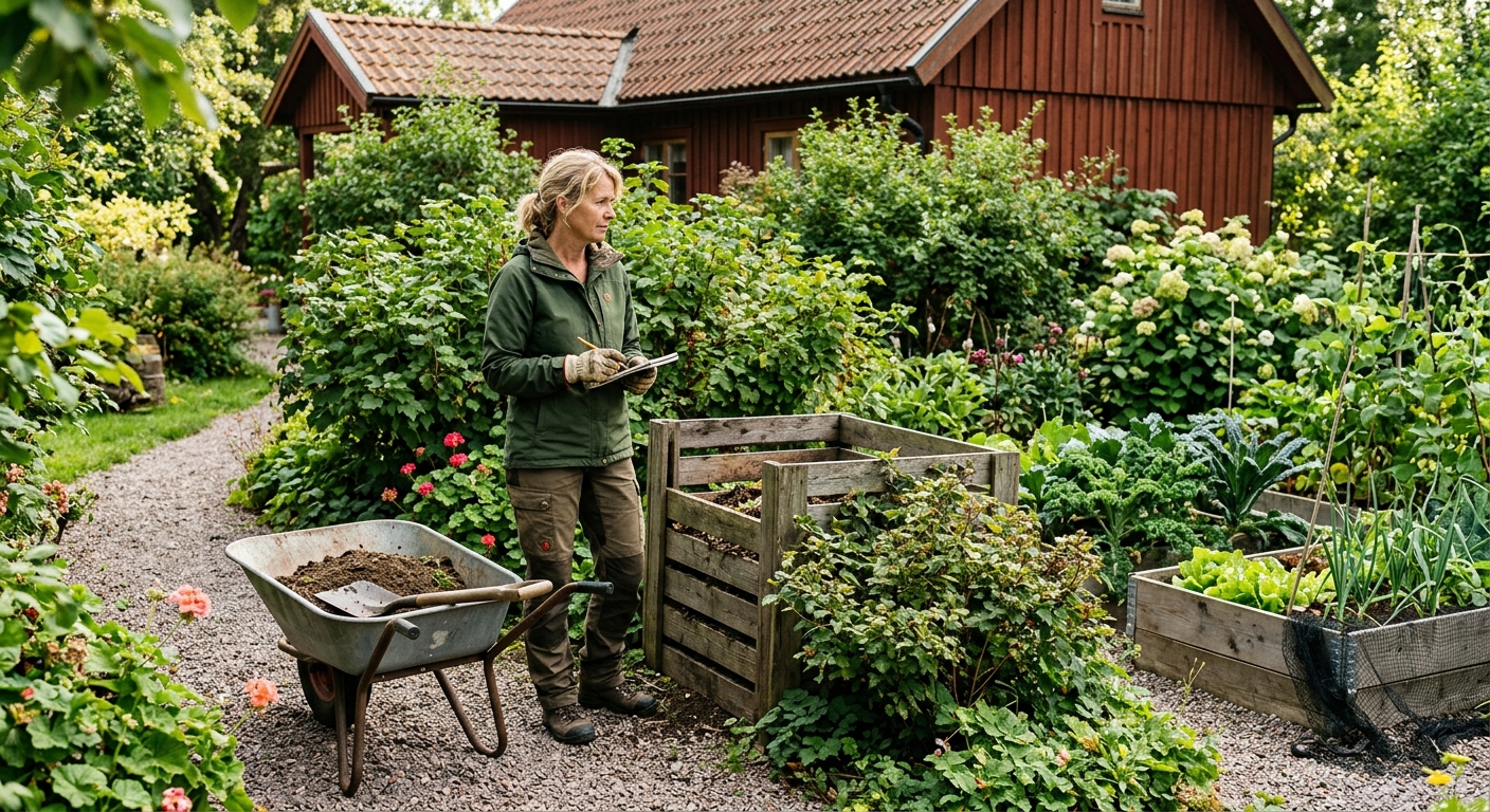 Trädgårdsmästare planerar placering för en kompost i en grönskande villaträdgård