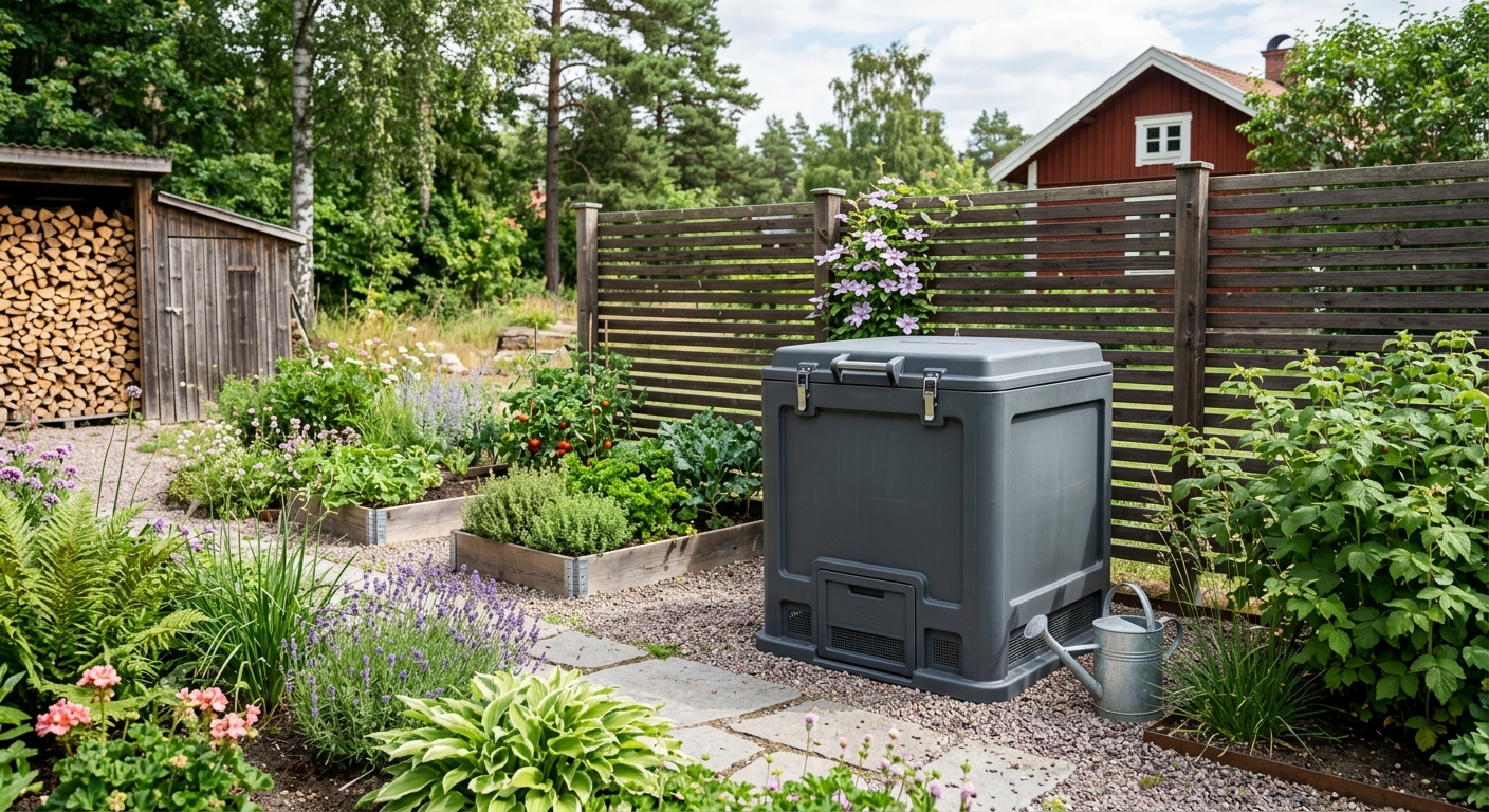 Isolerad varmkompost med lock i en villaträdgård