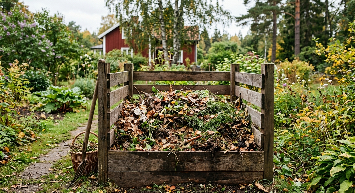 Öppen kallkompost av trä med löv och gräsklipp