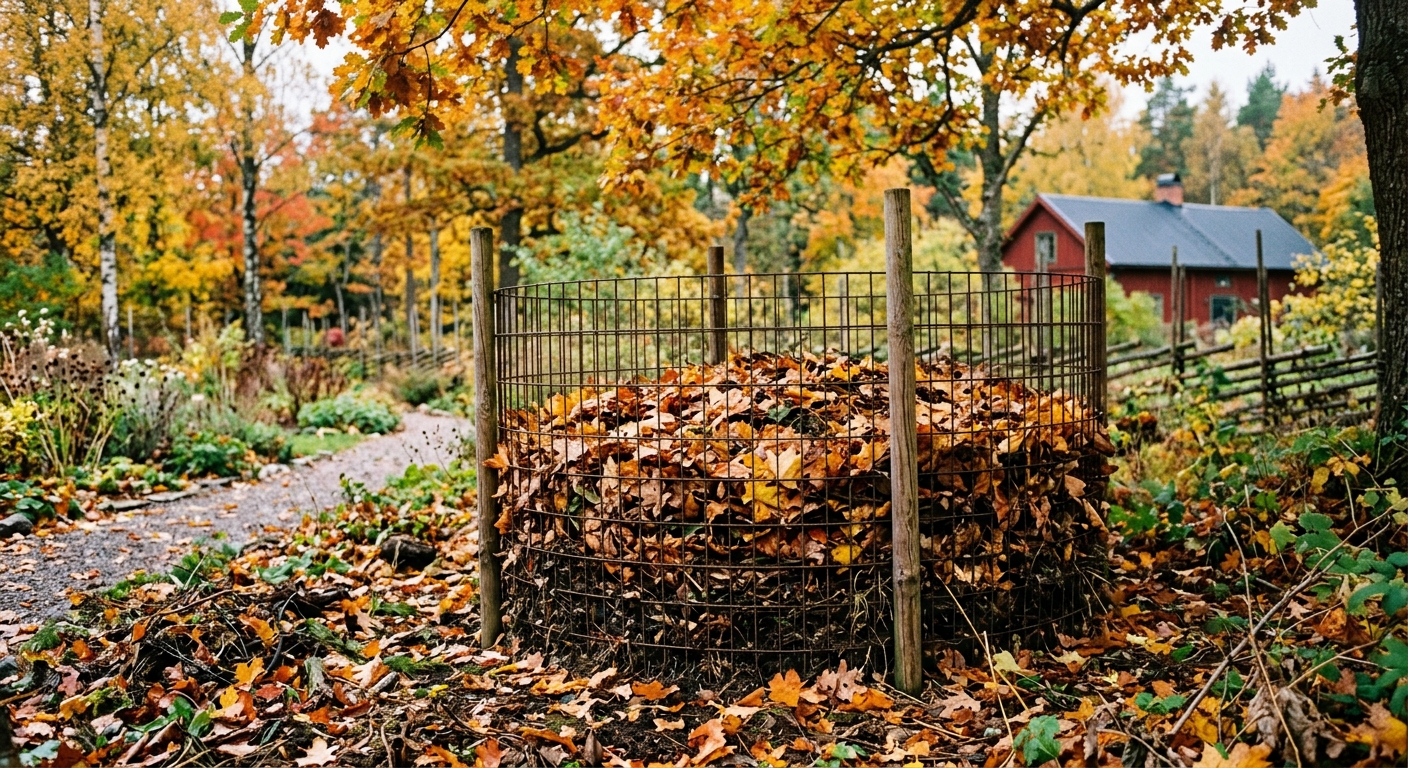 Nätad lövkompost under träd i trädgård