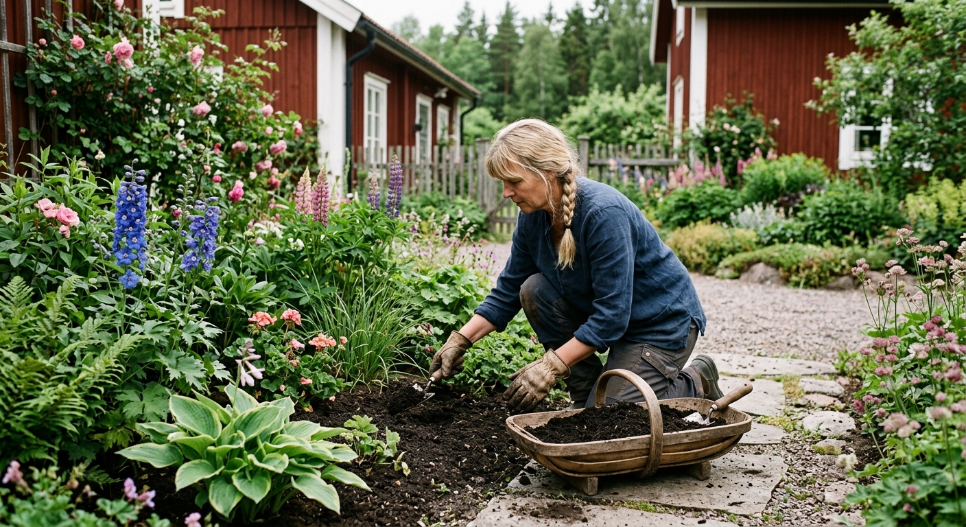 Mogen mörk kompostjord som sprids i en rabatt i trädgården