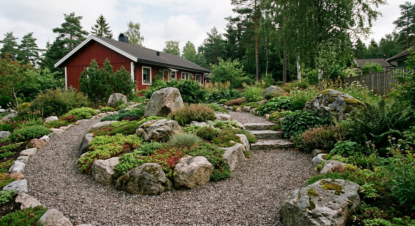 Naturformat stenparti med oregelbundna granitblock och marktäckare