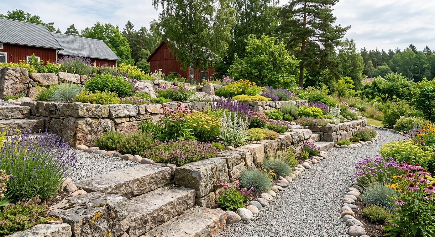 Terrasserat stenparti i slänt med stenblock och planteringar i nivåer