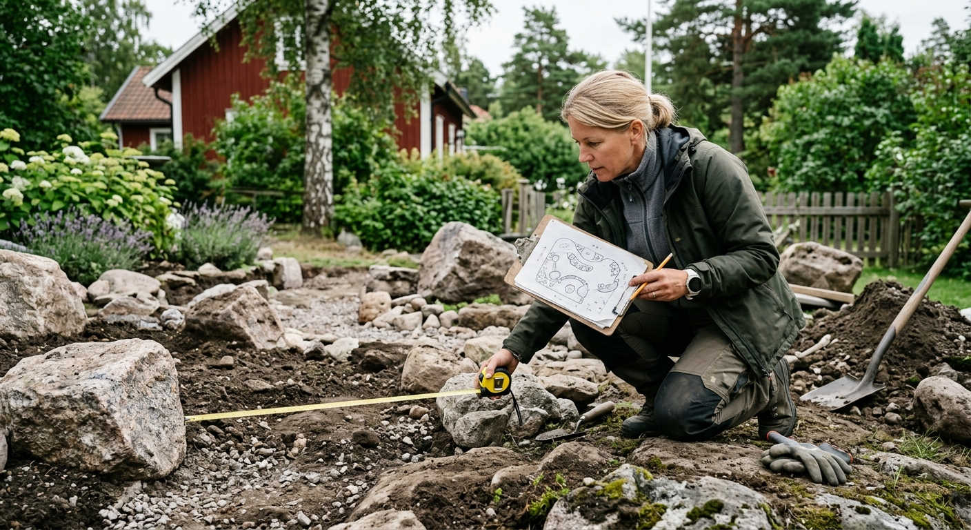 Trädgårdsplanerare som mäter upp en yta för nytt stenparti
