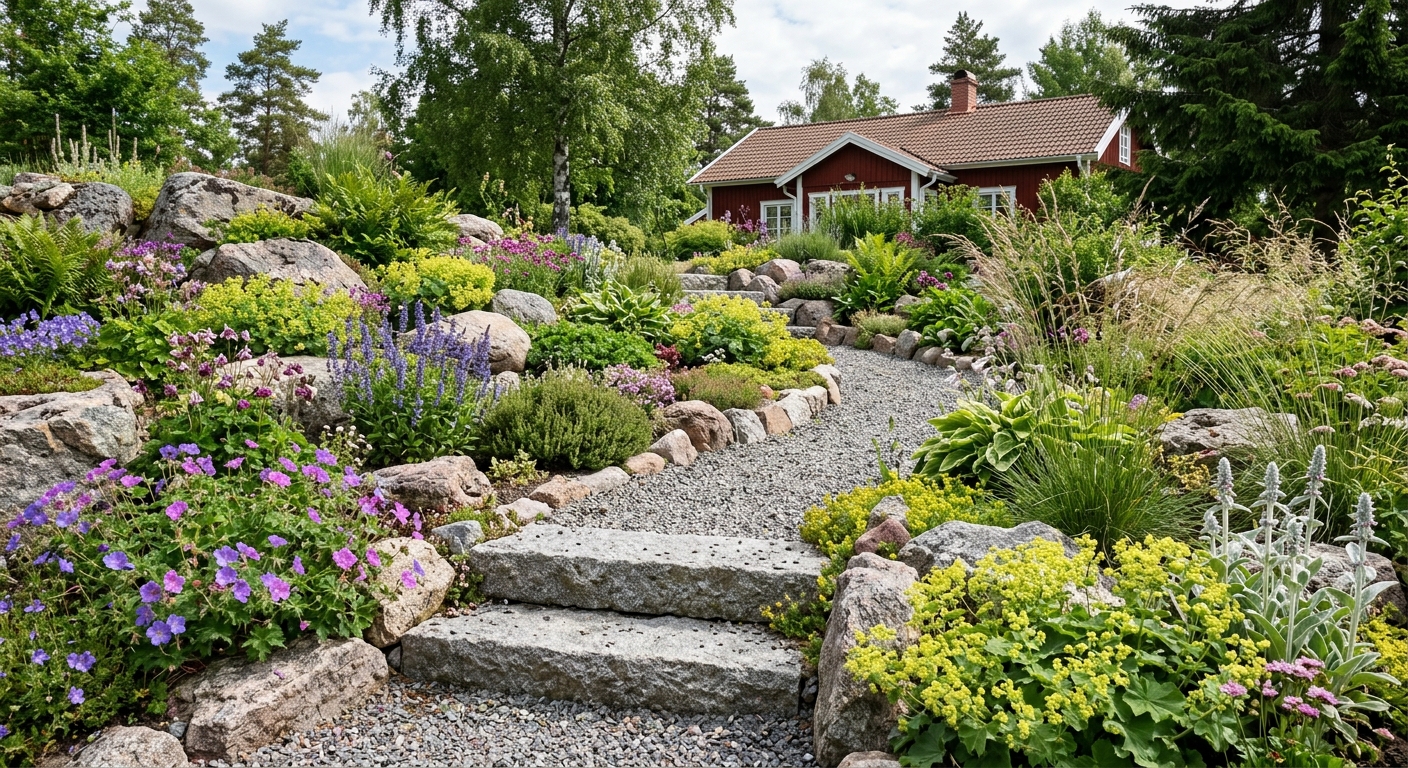 Etablerat stenparti i svensk villaträdgård med grus, sten och perenner