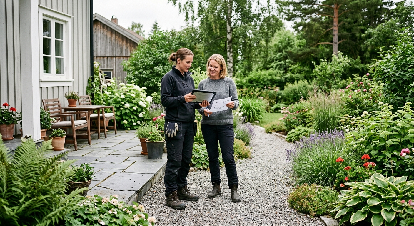 Elektriker och husägare planerar belysning i en trädgård med ritning och markerad kabelväg