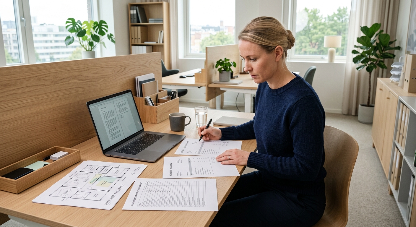 Ansvarig person jämför saneringsofferter vid ett skrivbord