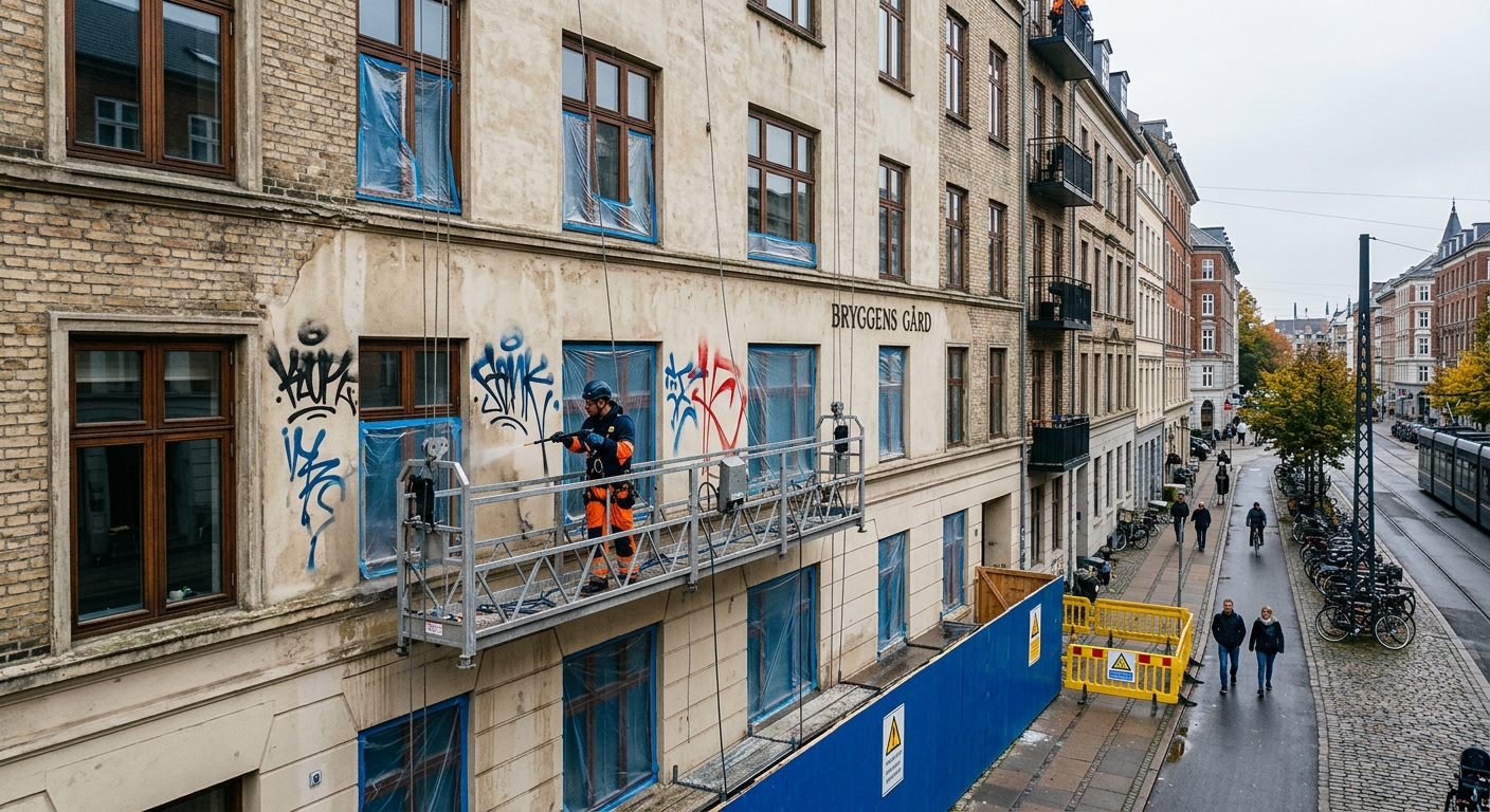 Arbete med klottersanering på hög fasad med säker åtkomst