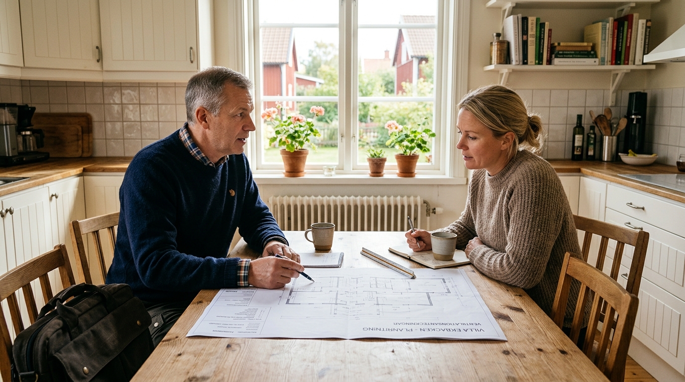 Radonkonsult som går igenom husritningar vid ett köksbord