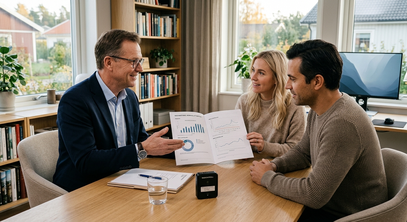 Konsult som förklarar en radonrapport för en husägare