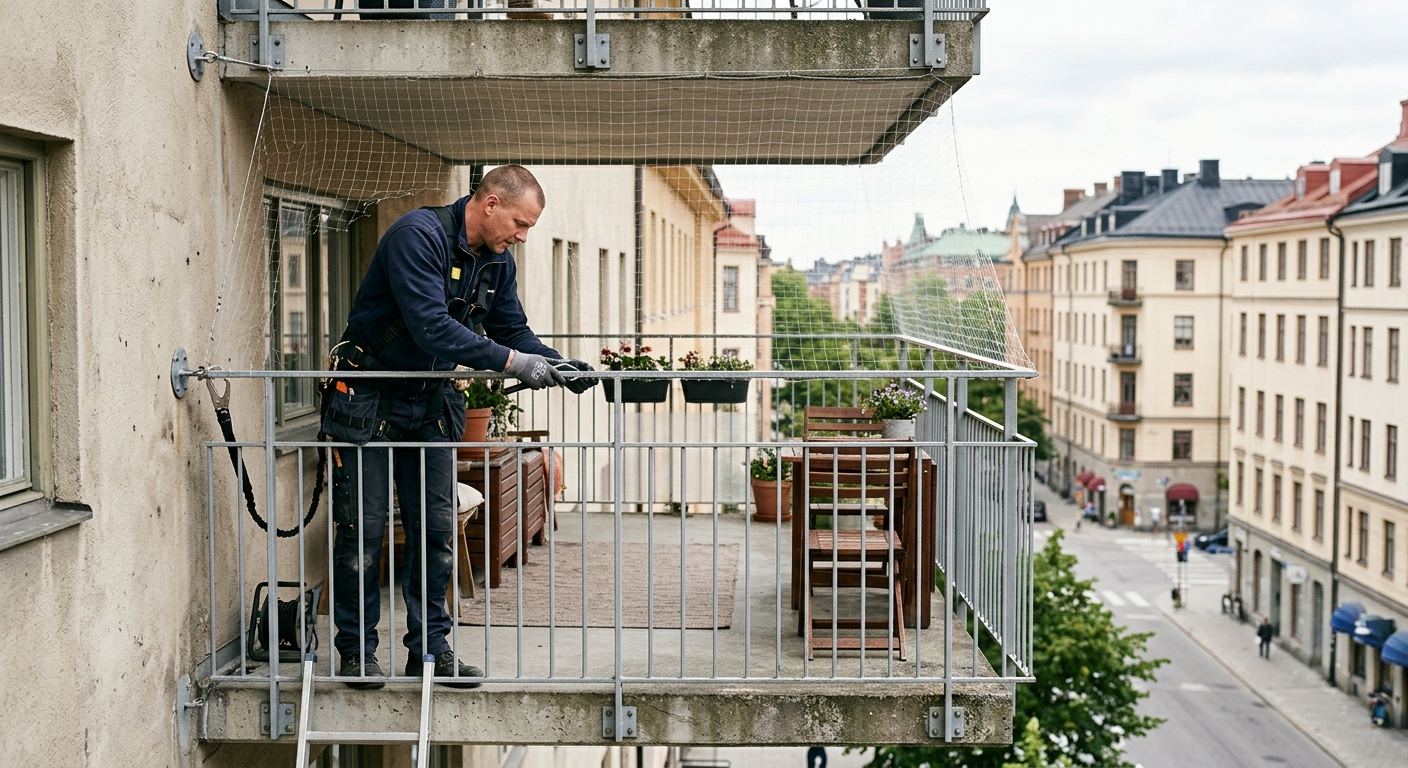 Duvnät monterat på en svensk balkong