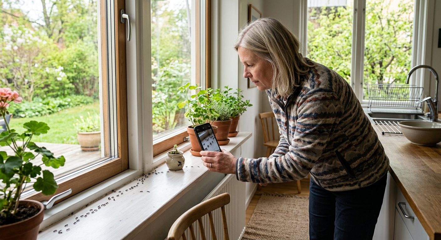 Villaägare fotograferar myror nära köksfönster inför skadedjursinspektion