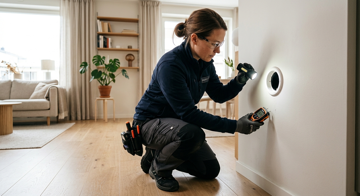 Besiktningsperson undersöker ventilationsdon och vägg i bostad