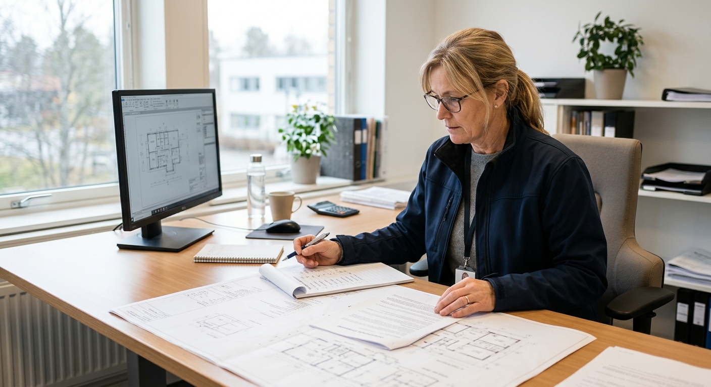 Besiktningsman granskar ritningar och kontrakt vid ett skrivbord