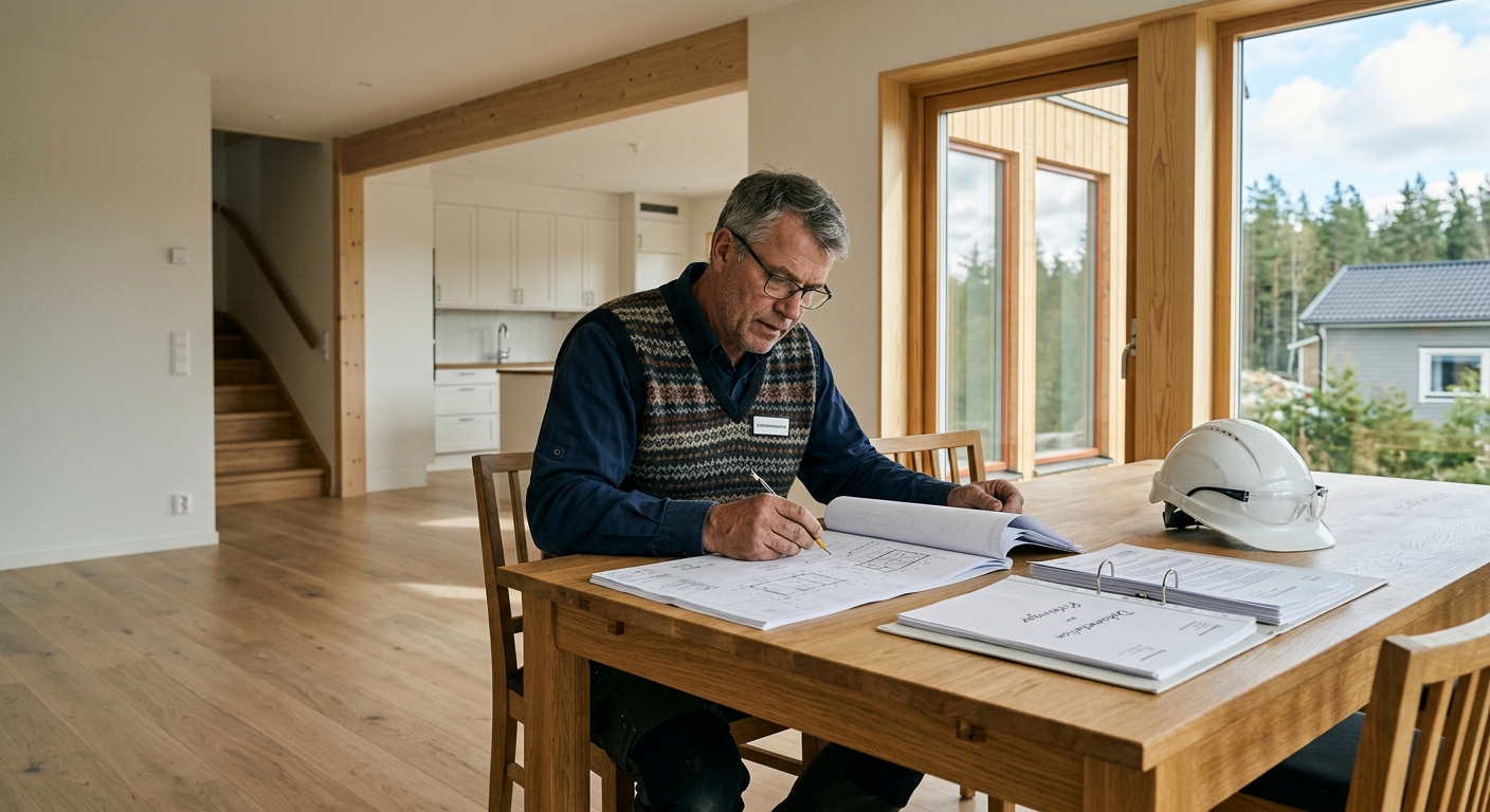 Besiktningsman granskar ritningar och handlingar vid ett bord i ett nybyggt hus