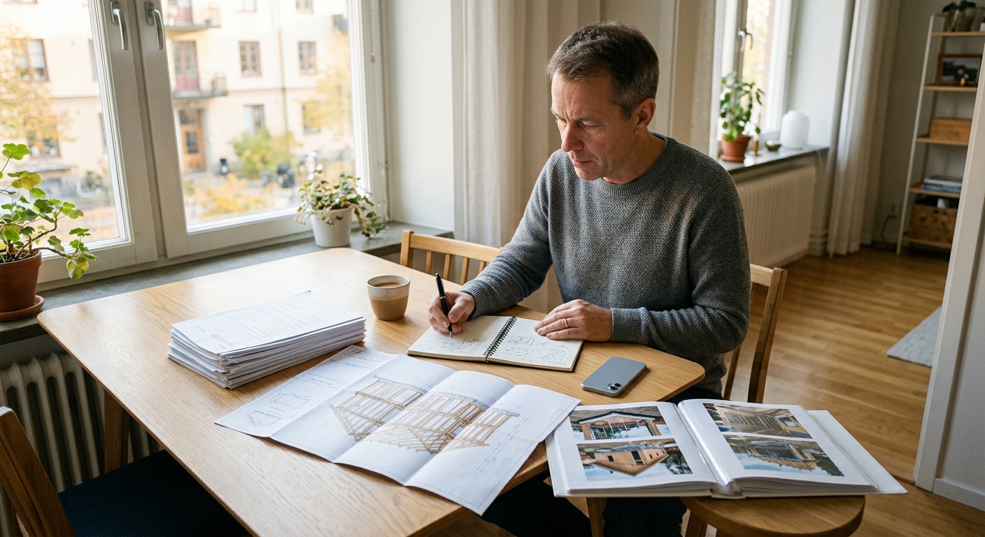 Besiktningsman går igenom ritningar och tidigare besiktningsprotokoll vid ett bord