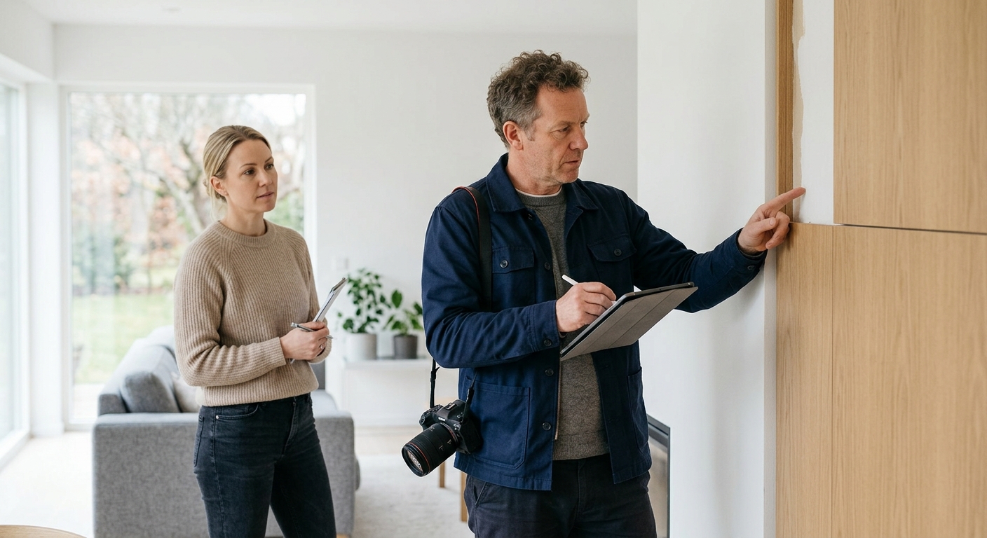 Besiktningsman undersöker en vägg och dokumenterar i en villa