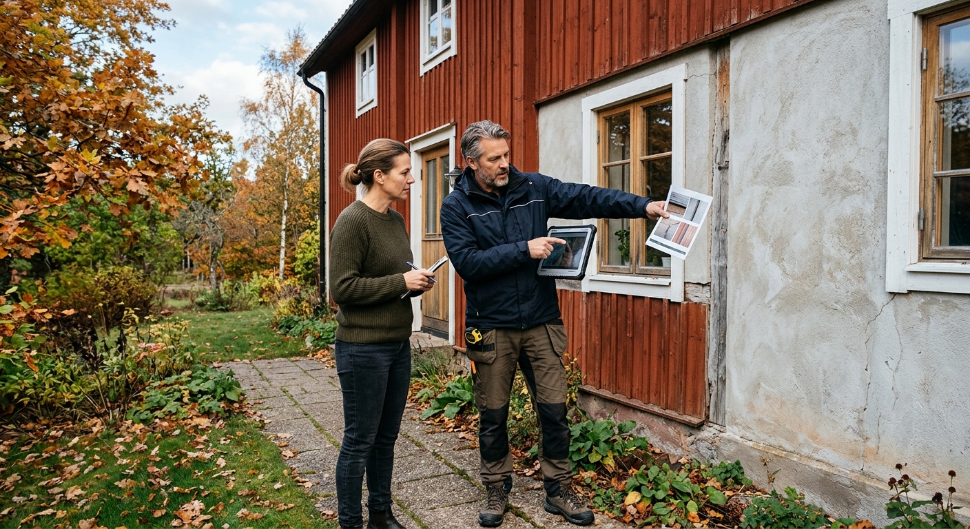 Fastighetsägare och besiktningsman går igenom fasadens skick utanför en villa