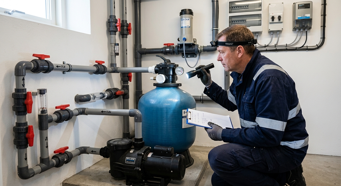 Teknikrum för pool med filter, pump och rör som kontrolleras visuellt