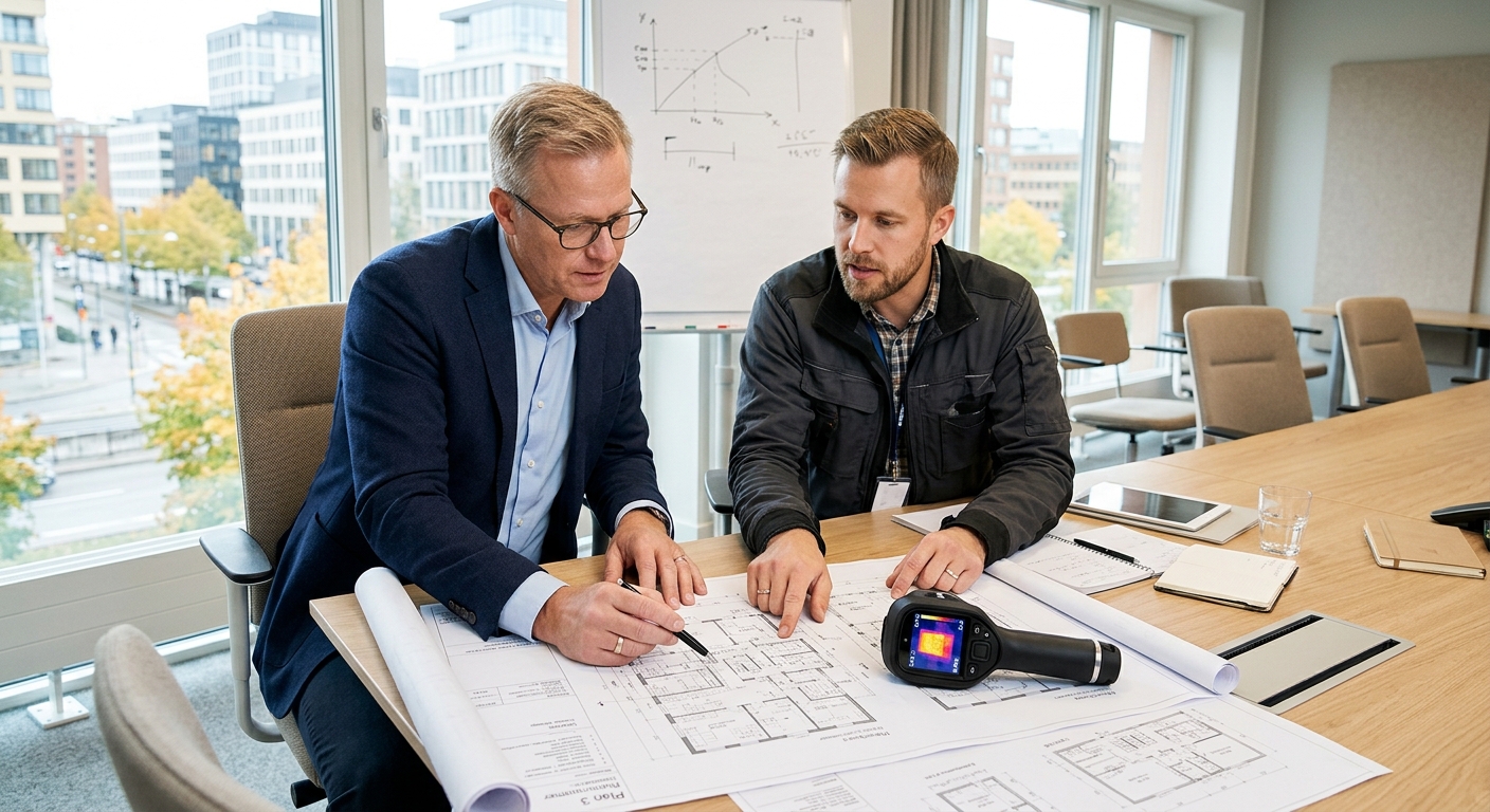 Fastighetsägare och termograf går igenom ritningar inför undersökning