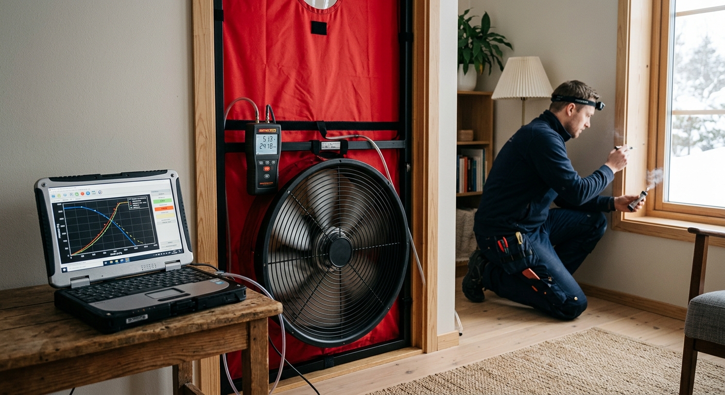 Mätinstrument och dator visar data under en lufttäthetsprovning i ett hus