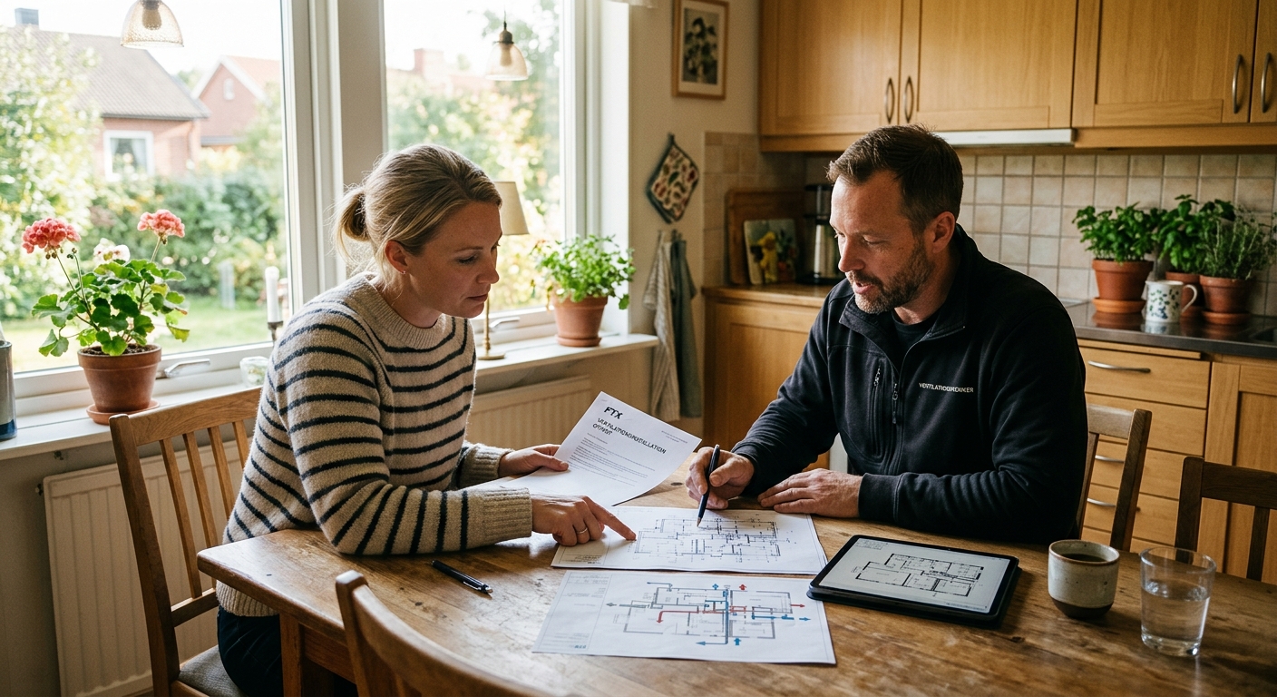 Villaägare och ventilationstekniker jämför en FTX-offert vid köksbordet