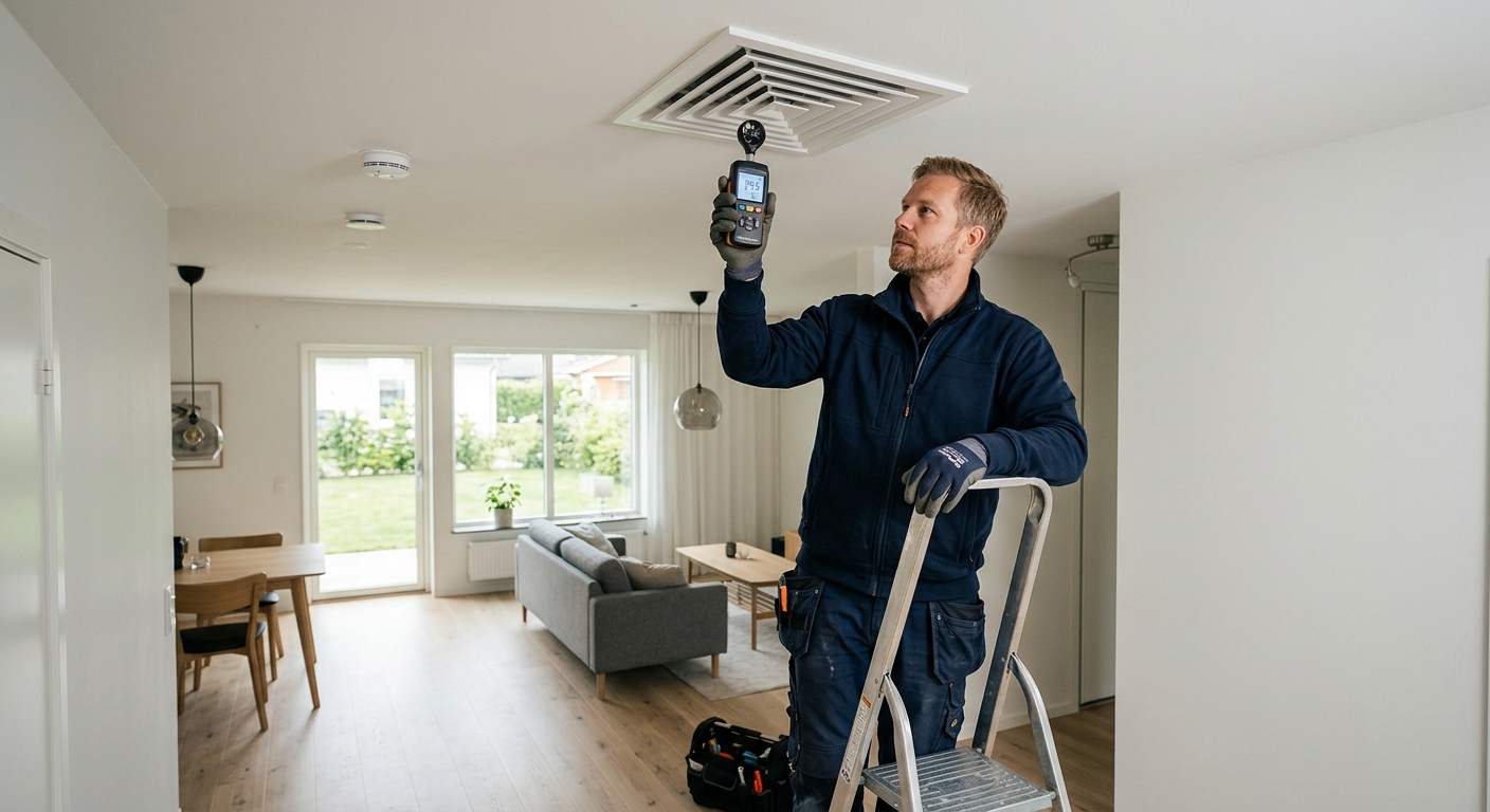 Ventilationstekniker mäter luftflöde vid ett tilluftsdon i en villa