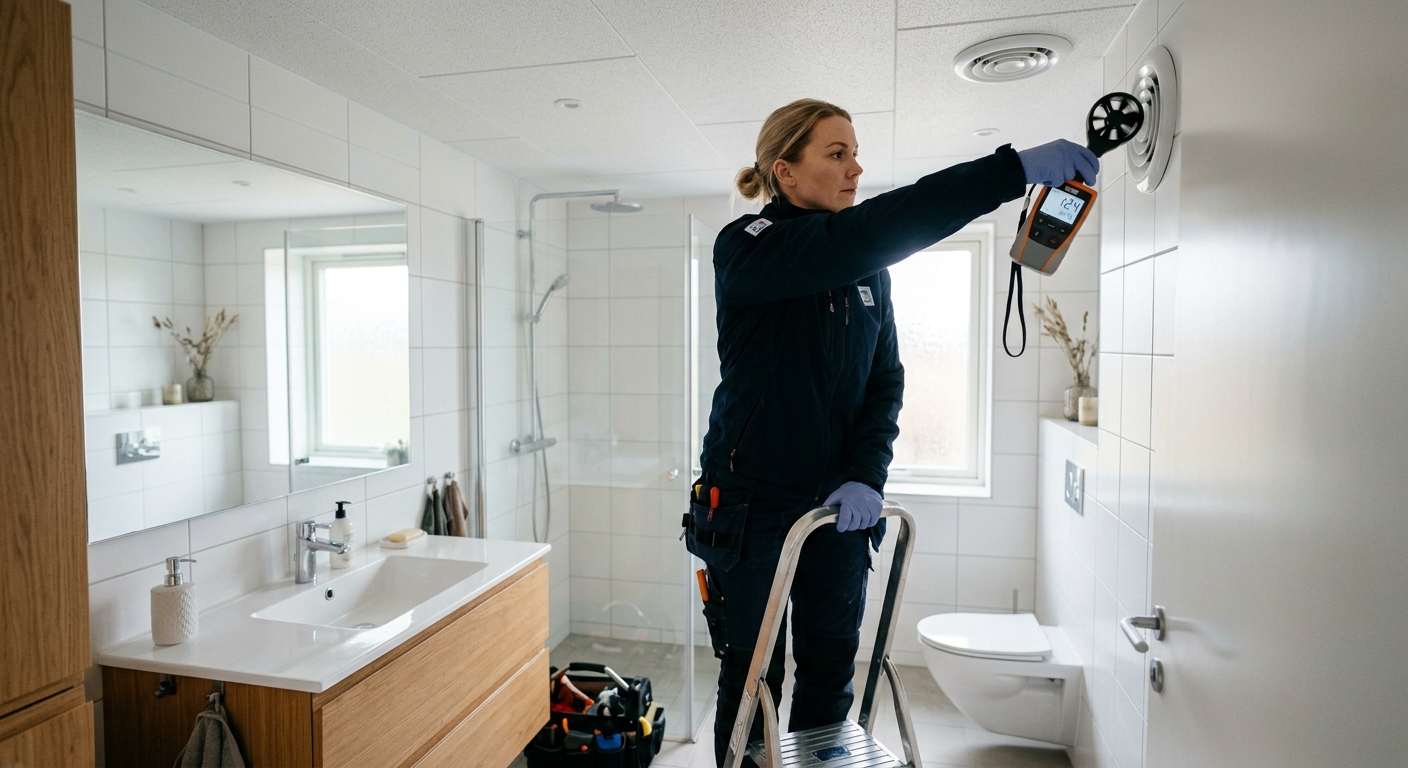 Ventilationstekniker mäter luftflöde vid ett frånluftsdon i badrum