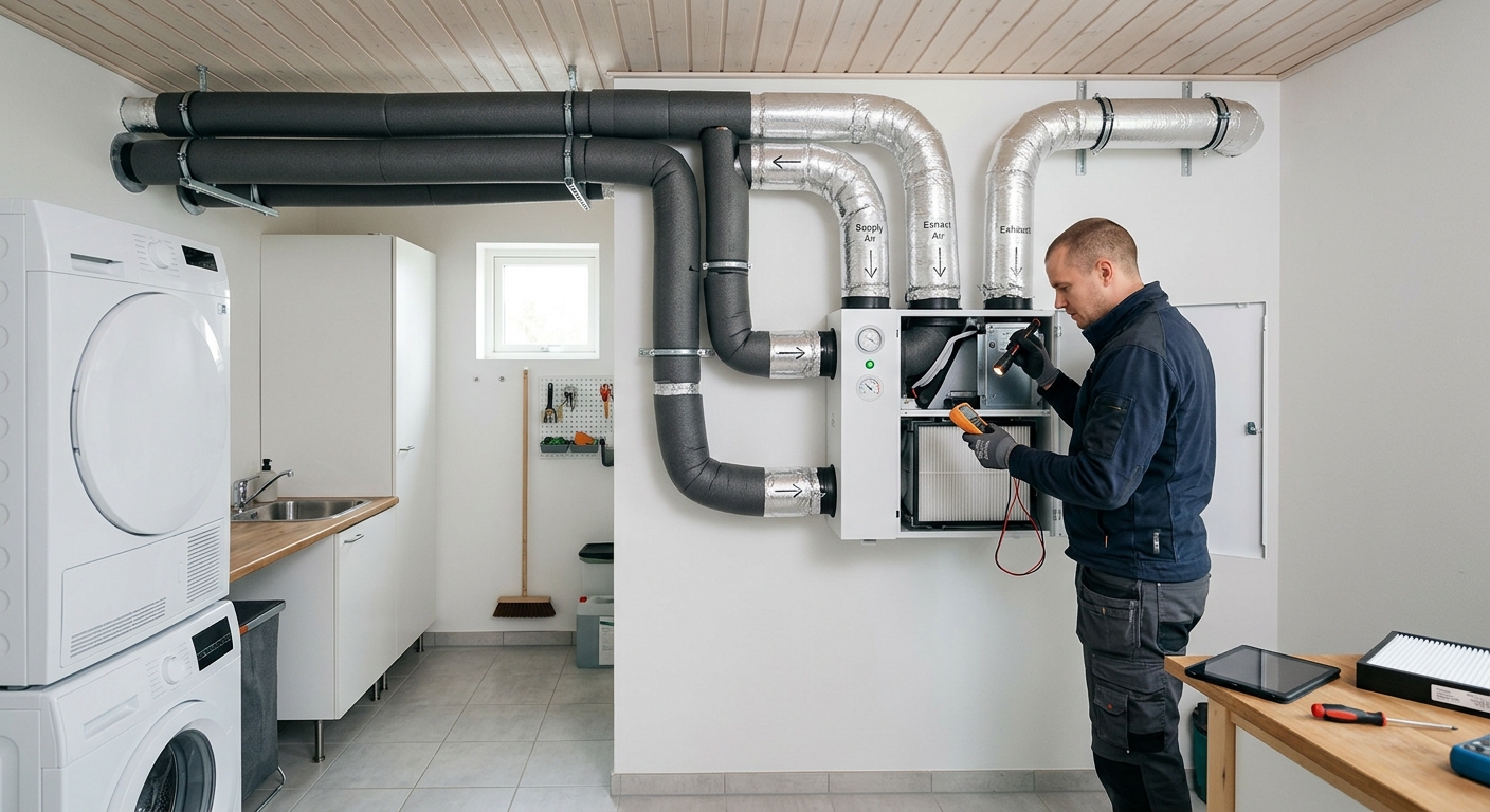 Öppet ventilationsaggregat i ett teknikrum med rena ventilationskanaler