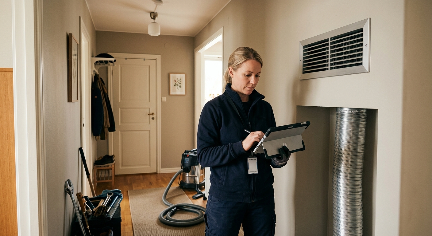 Ventilationstekniker dokumenterar utförd kanalrensning och mätvärden på en surfplatta
