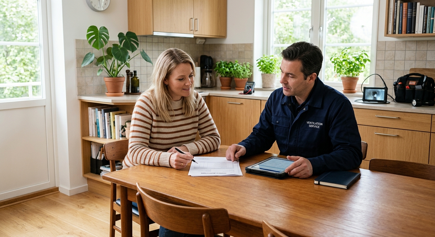 Husägare och ventilationstekniker går igenom en offert vid köksbordet