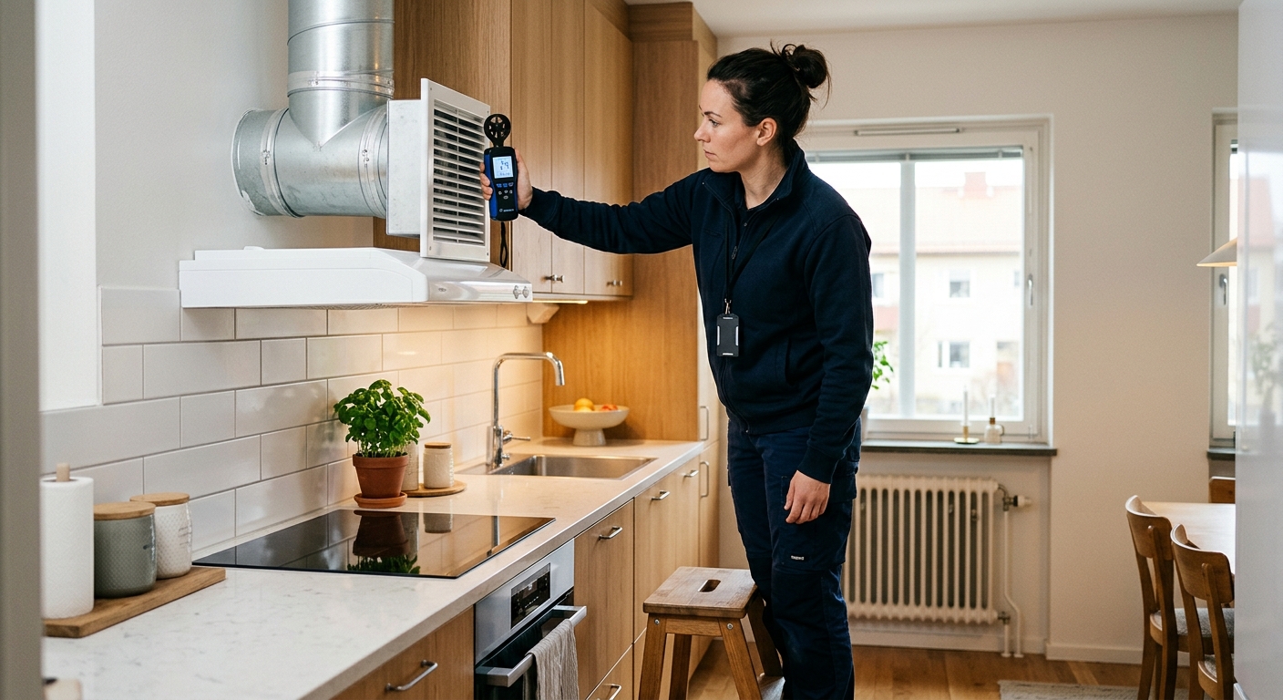 Ventilationstekniker utför kontroll vid köksventilation efter rengöring