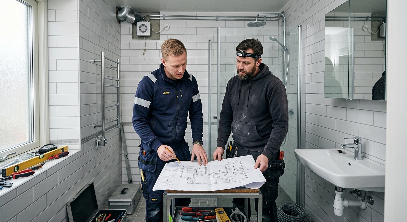 Elektriker och ventilationstekniker planerar installation av badrumsfläkt