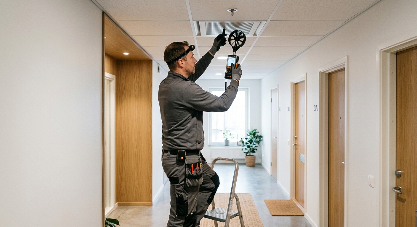 Ventilationstekniker mäter luftflöde vid ventilationsdon i flerbostadshus