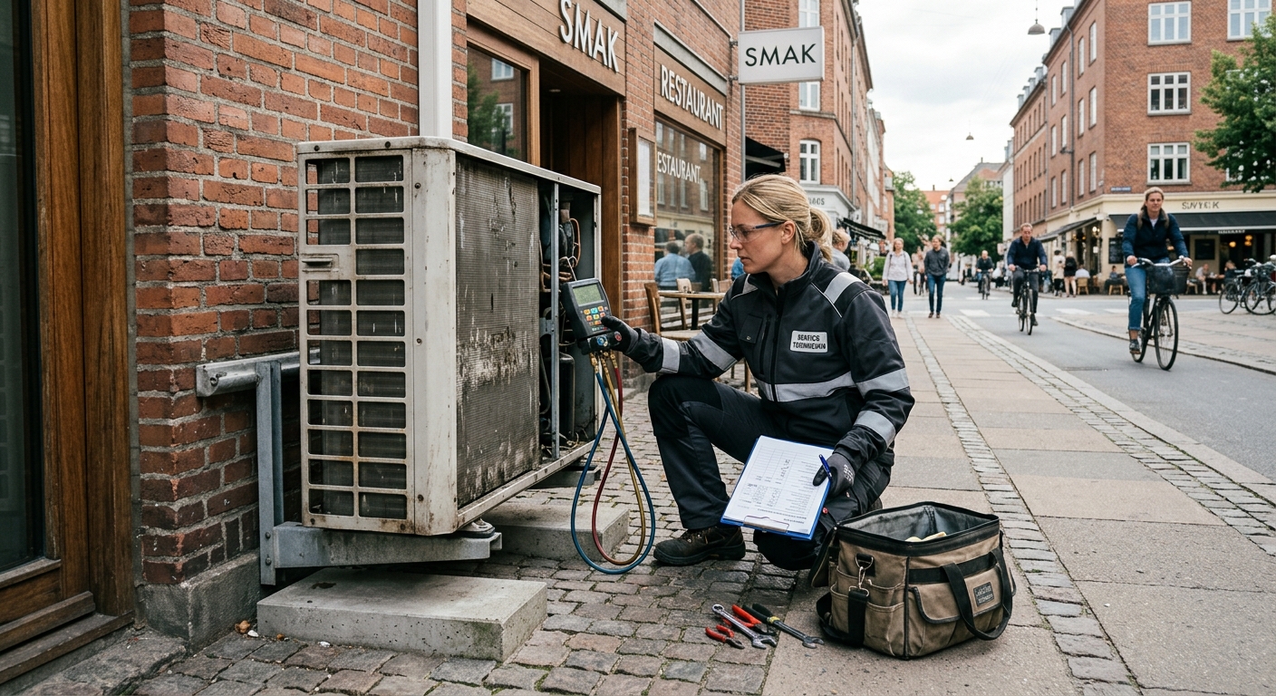 Kyltekniker granskar ett kylaggregat bakom en restaurang