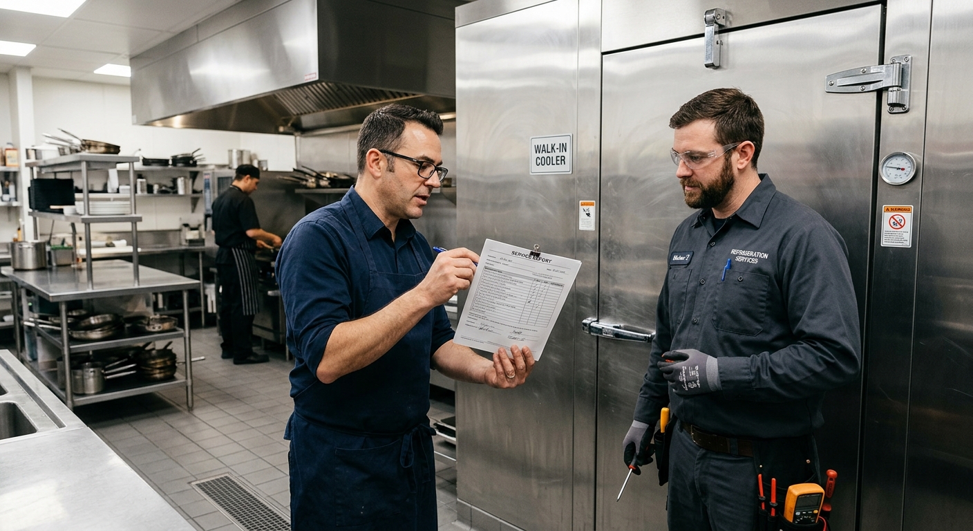 Restaurangchef och tekniker går igenom serviceprotokoll vid ett kylrum