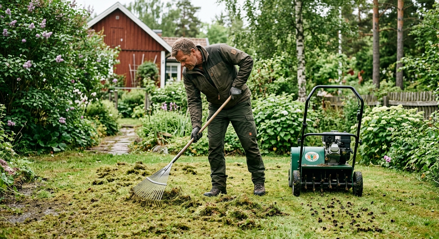 Trädgårdsarbetare som förbereder en gräsmatta för stödsådd
