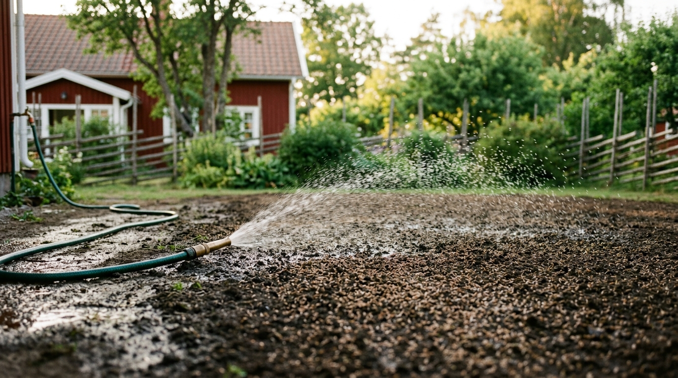 Nyrenoverad gräsmatta som vattnas försiktigt i kvällsljus
