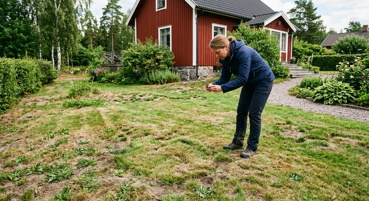 Husägare fotograferar en ojämn gräsmatta inför offertförfrågan