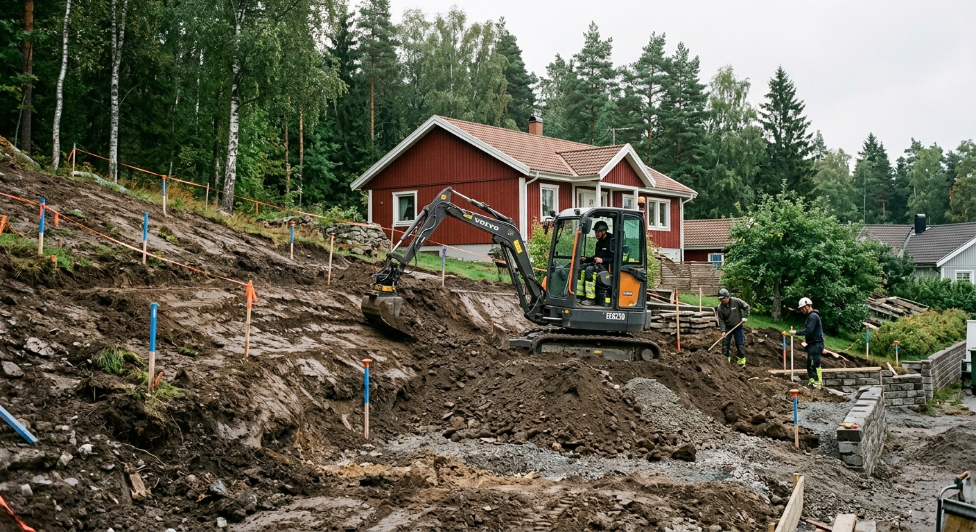 Grävmaskin som jämnar ut en sluttande villatomt inför ny gräsmatta