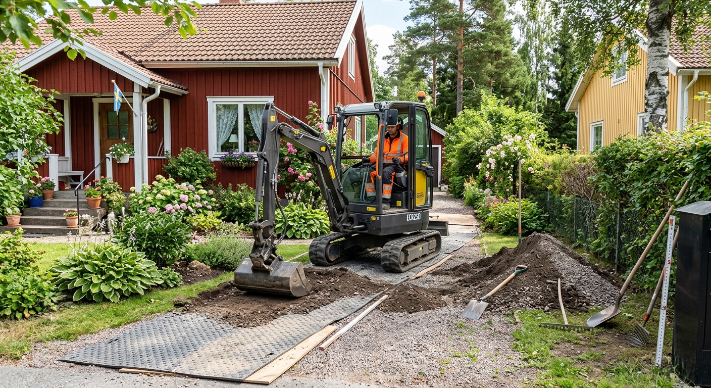 Kompakt grävmaskin som arbetar på en trång villatomt med tydlig infart