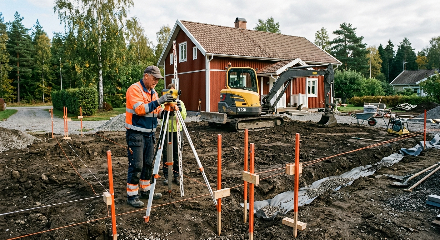 Tomt med utsatta höjdpinnar och planerad avrinning inför markutjämning