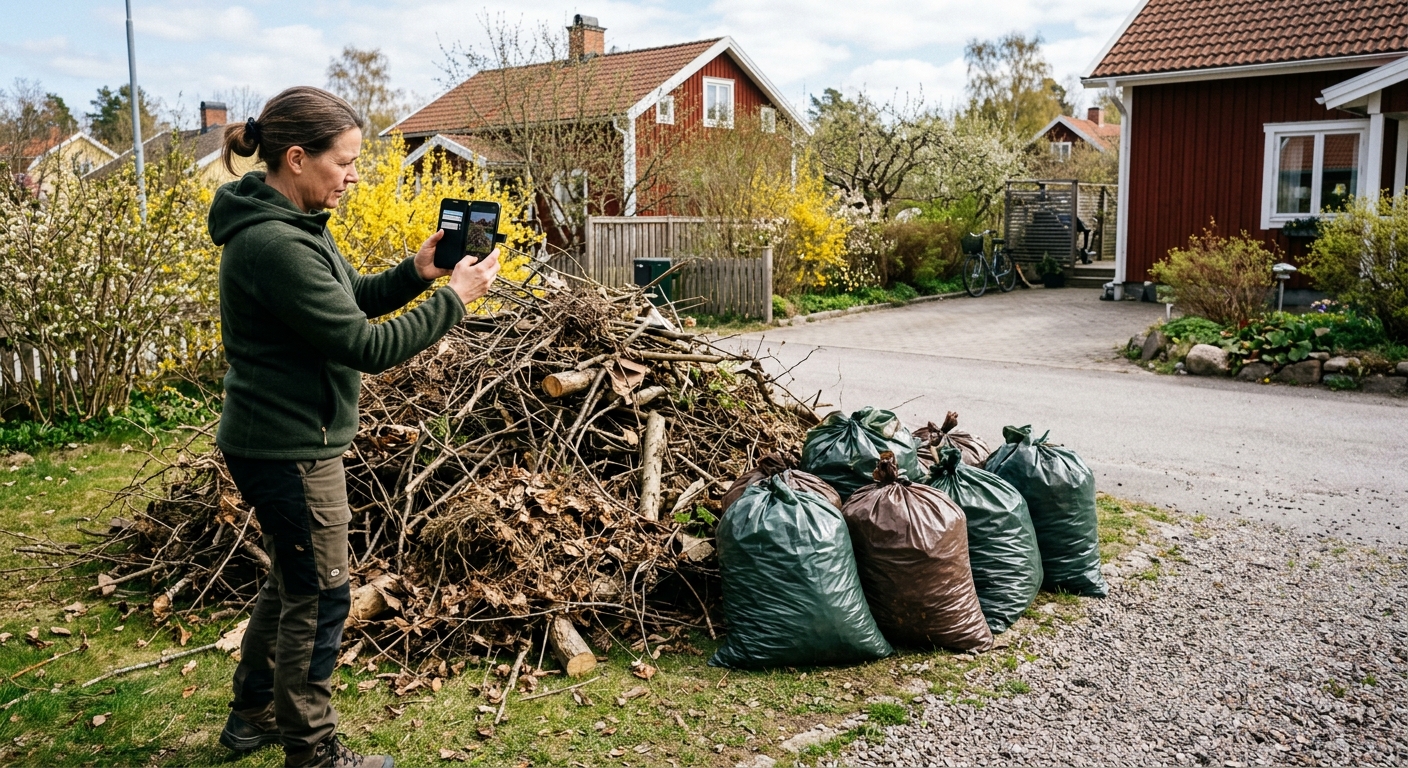 Villaägare fotograferar en hög med trädgårdsavfall inför offertförfrågan