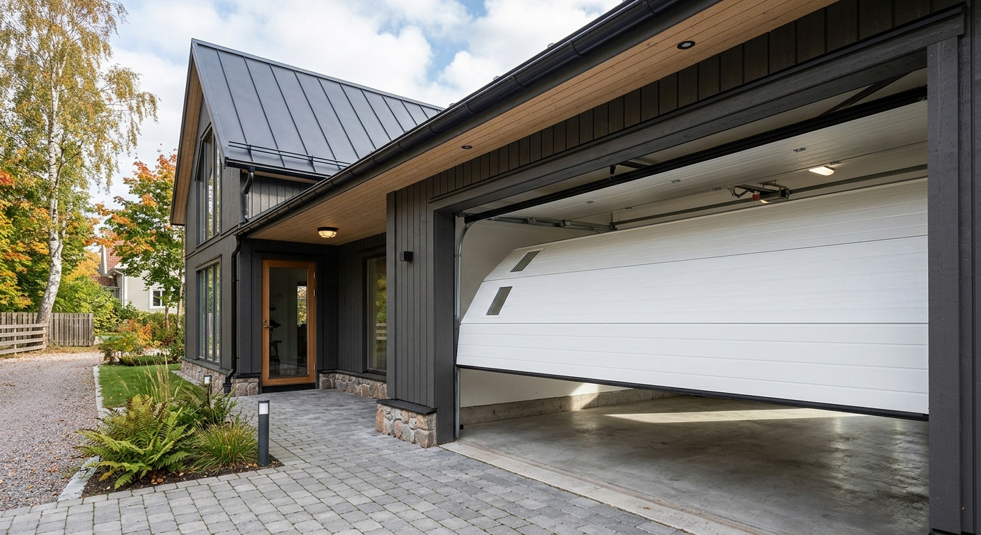 Modern vit takskjutport på fristående garage