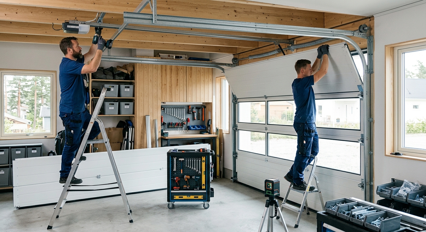 Två montörer installerar en takskjutport i ett garage