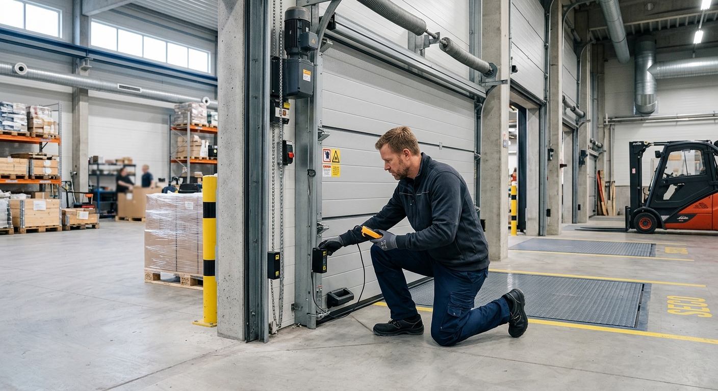 Tekniker testar säkerhetsfunktion på motordriven industriport