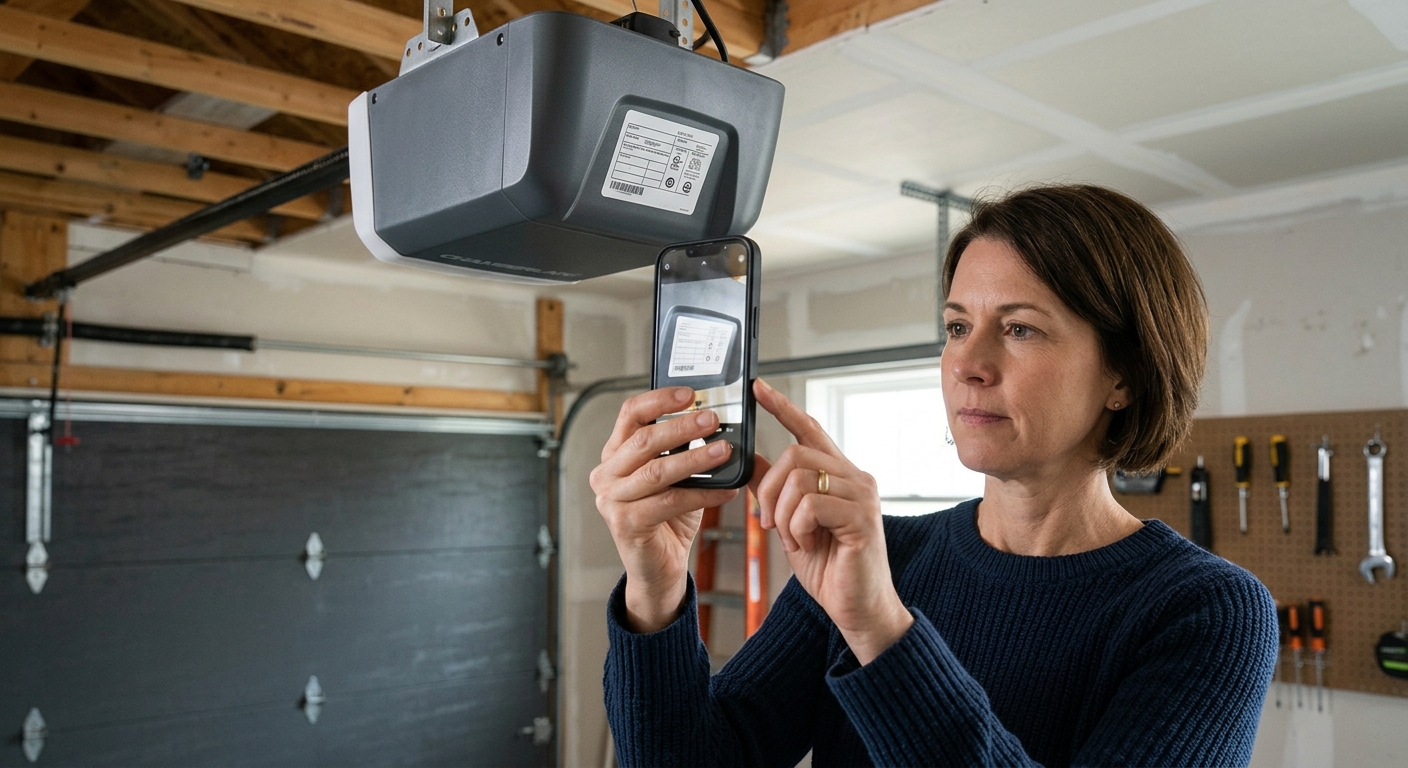 Fastighetsägare fotograferar modellskylt på garageportens motor inför service