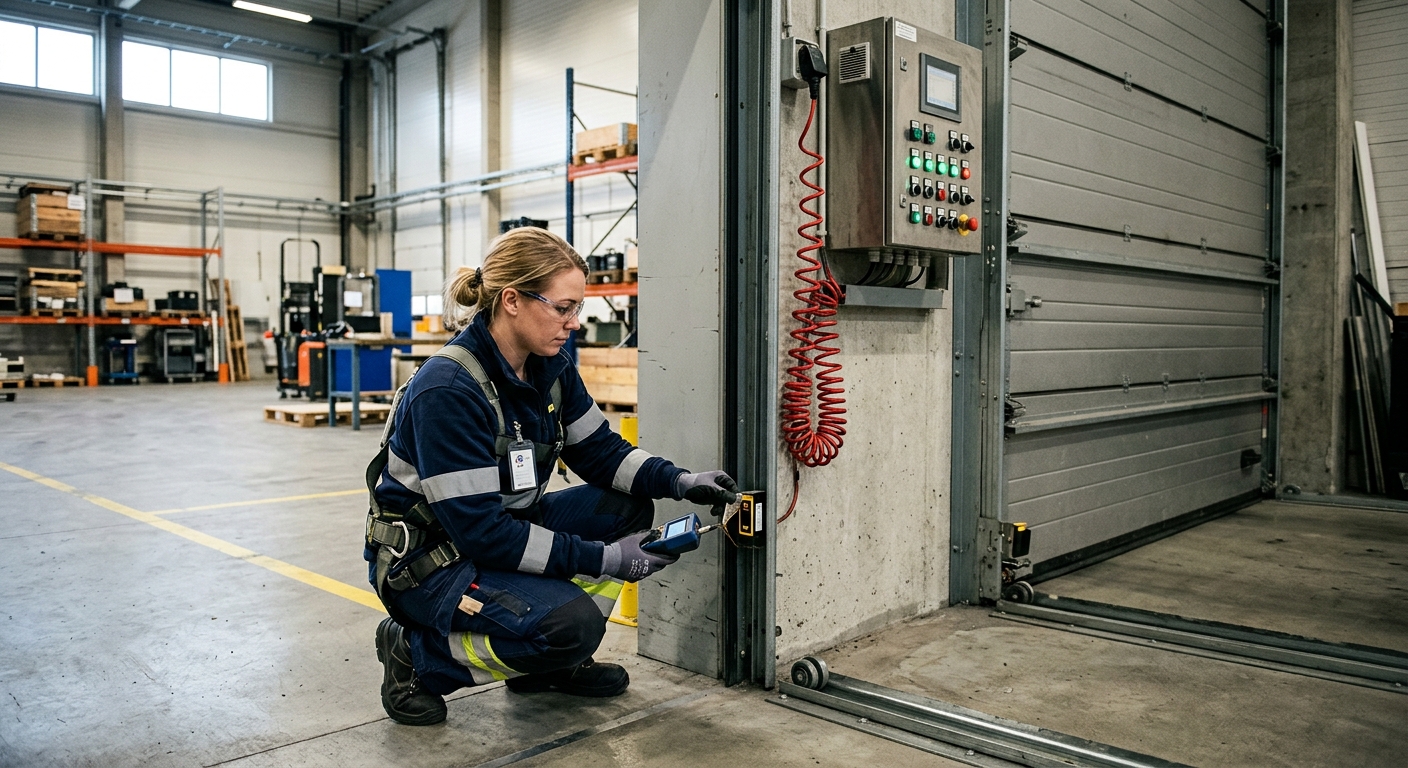 Tekniker testar säkerhetsfunktion på en automatisk industriport