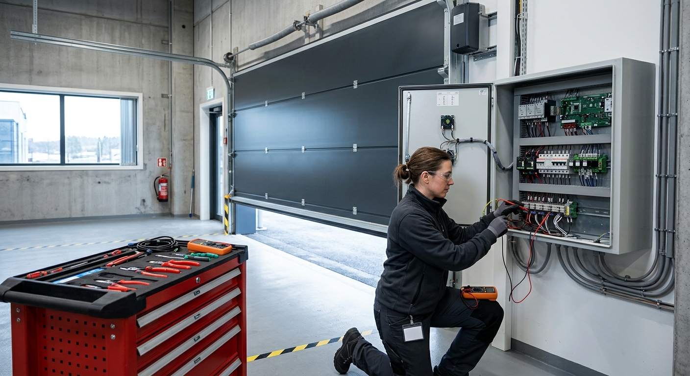 Servicetekniker felsöker styrskåp till automatisk port