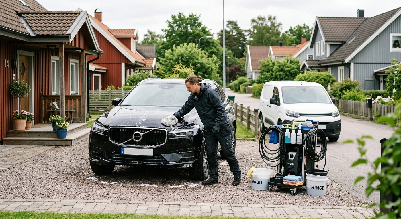 Mobil bilvård som utförs på uppfart intill en parkerad bil